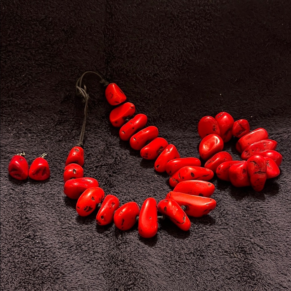 Red Beaded Necklace, Bracelet & Earring Set - Women Jewelry